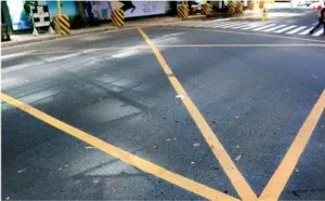 Mga linyang bumubuo ng dilaw na kahon sa loob ng intersection at dilaw na diagonal na linya na bumubuo ng "X" sa loob ng kahon. Walang sasakyan ang dapat manatili sa loob ng kahon upang maiwasan ang sagabal sa ibang mga motorista.